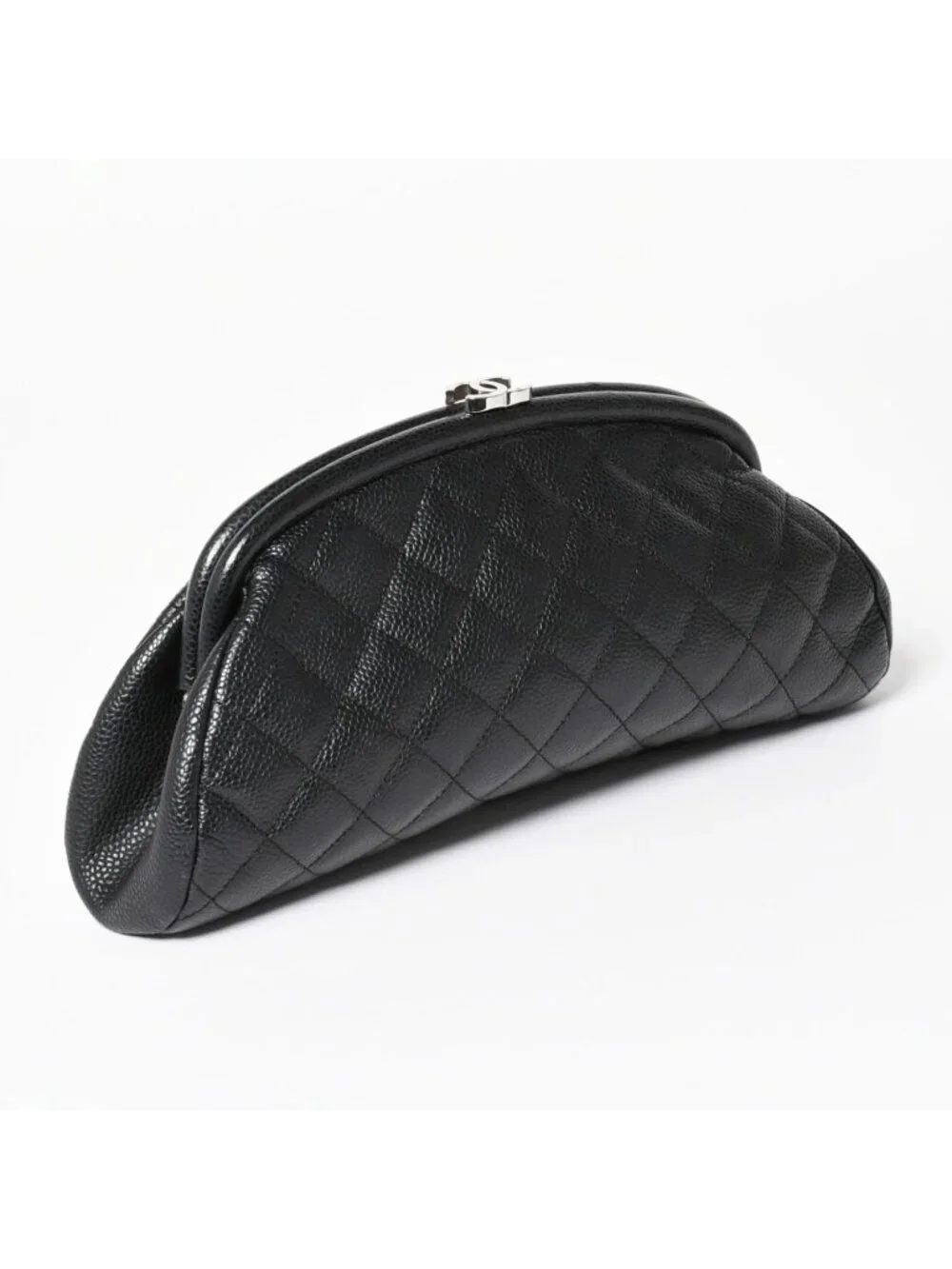 Chanel Timeless Classic Clutch CC Logo Caviar Leather Quilted Silver